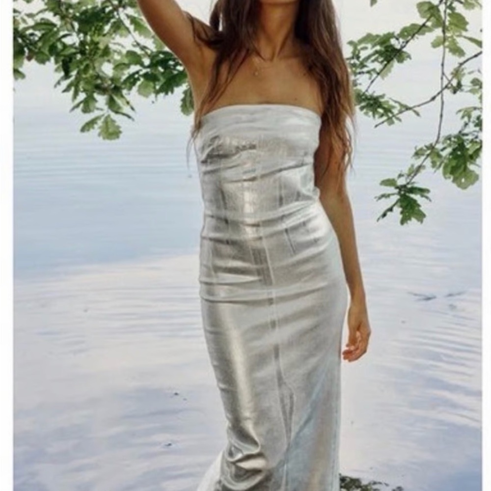 Zara Strapless Metallic Silver Maxi Dress